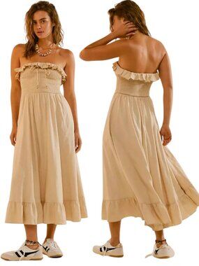 Free People Lush Life Strapless Midi Dress Womens XL Tan Ruffle Smocked Boho NWT